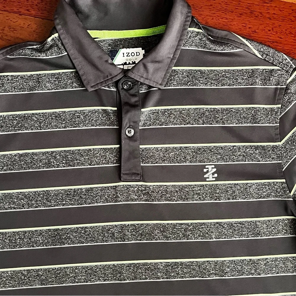 Izod Golf Polo Shirt Gray Green Striped Short Sleeve Casual Men’s S